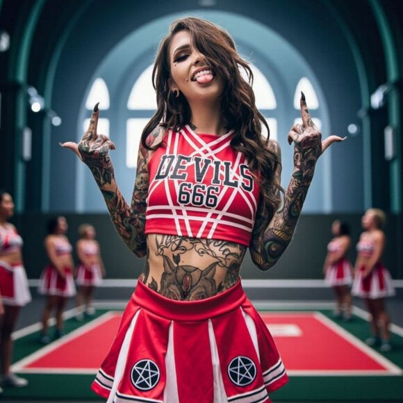 Satans Cheerleader Costume Set Red Devils 666 Top w/ Pleated Skirt & Pom Poms - Picture 3 of 10